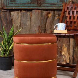 Shadowkart Rust Brown Velvet & Wooden Round Ottoman-image-105