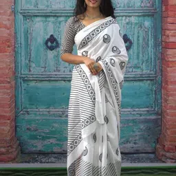 Sanganeri Print Geometric Printed Mulmul Cotton Saree-10