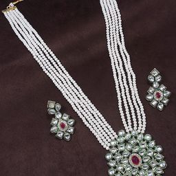 Jewar Mandi Gold-Plated Peach Pearl Beaded & Kundan Stone-Studded Layered Jewellery Set-image-88
