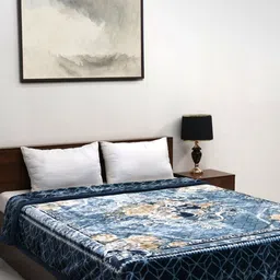 Signature Plush Navy Blue & Blue Floral 760 GSM Heavy Winter Double Bed Blanket-image-64