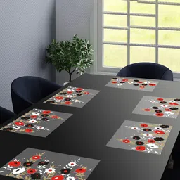 Dakshya Industries Blossom 6 Pcs Black & Red Printed Waterproof Rectangle Table Placemats-3