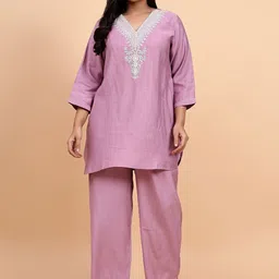 Bani Women Plus Size Embroidered V Neck Tunic With Trouser Co-Ords-37