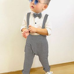 BAESD Infant Boys Checked Slim Fit Dungaree With Shirt And Bow Tie-21