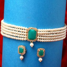 ZENEME White & Green Gold-Plated American Diamond Studded Choker Jewellery Set-image-3