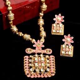 PANASH Gold-Plated Peach-Coloured & White Kundan Studded Jewellery Set-picture-46