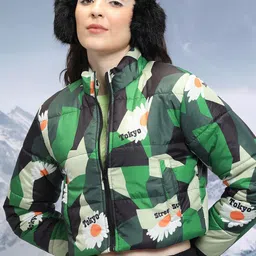 Tokyo Talkies Black Floral Printed Crop Puffer Jacket-image-96