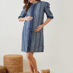 The Kaftan Company Blue Tribal Print Ruffled Denim Maternity Fit & Flare Dress-image-41