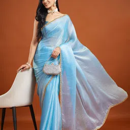 LOROFY Woven Design Beads and Stones Pure Chiffon Saree-26
