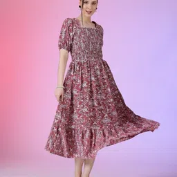 Femvy Floral Printed Square Neck Puff Sleeves Smocked Fit and Flare Midi Dress-image-44