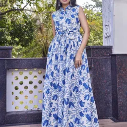 CHANSI Women Floral Printed Shirt Collar Sleeveless Fit & Flare Maxi Dress-image-63