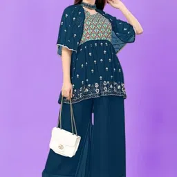 PARROT CREATION Floral Embroidered Pleated Georgette A-Line Kurti with Palazzos & Cape-image-69