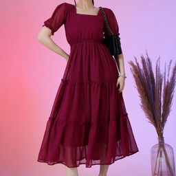 Jash Creation Women Square Neck Puff Sleeves Tiered Fit and Flare Maxi Dress-image-63