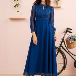 HERE&NOW Women Navy Blue Full Sleeves Foil Print Dress-picture-9