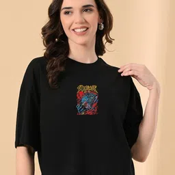 OWL MINK Women Printed Pure Cotton Applique T-shirt-image-43