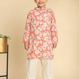 Cutiekins Boys Floral Printed Band Collar Straight Kurta With Trousers-38