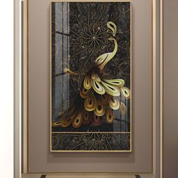 THE NEXT DECOR Golden Veil Peacock Glass Finish Vertical Wall Art-image-51