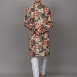 Exotic India Ethnic Motifs Printed Mandarin Collar Kurta With Pyjama-image-3