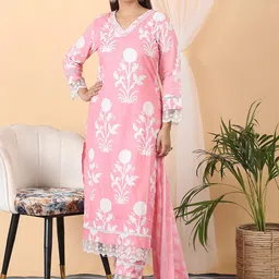 SHIFORY Women Floral Printed Regular Pure Cotton Kurta with Trousers & With Dupatta-24