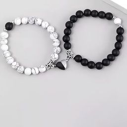Ringzinnie Unisex Set Of 2 Artificial Beaded Magnetic Couple Elasticated Bracelet-picture-3
