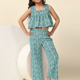 YK Girls Floral Printed Square Neck Sleeveless Top With Trousers-image-14