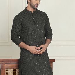 Anouk Olive Green Floral Embroidered Mandarin Collar Sequinned Straight Kurta-image-89