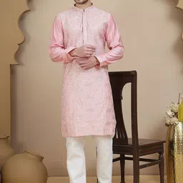 Jompers Men Floral Embroidered Thread Work Straight Kurta With Pyjama-picture-22