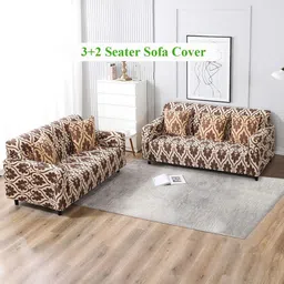 HOKIPO Beige Damask Print 5 Seater Fully Covered Stretchable Sofa Cover-image-7