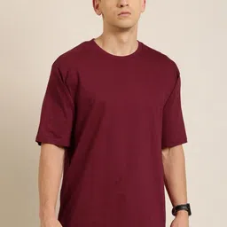 Mast & Harbour Maroon Drop-Shoulder Sleeves Anti Odour PureCotton Oversized Tshirt-image-112