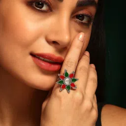 Priyaasi Silver-Plated Stone Studded Oxidized Meenakari Finger Ring image 4
