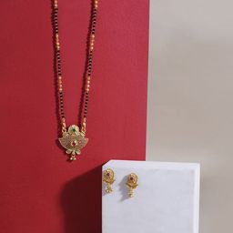 Shining Glory Gold-Plated Artificial Stones Studded & Beaded Mangalsutra With Earrings-image-88