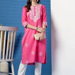 Ramas Floral Embroidered Notch Neck Thread Work Straight Cotton Kurta-picture-14