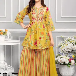 Wommaniya Impex Girls Floral Embroidered Empire Thread Work Kurta with Sharara & With Dupatta-picture-36