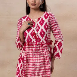 INDYA Geometric Printed Tie-Up Neck Pure Cotton A-Line Kurti-image-7