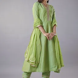 Utsav Fashion Floral Yoke Design Sequinned Cotton Silk Kurta with Trousers & Dupatta-33