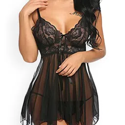 Fihana Women Shoulder Straps Net Baby Doll with Asymmetric-image-55