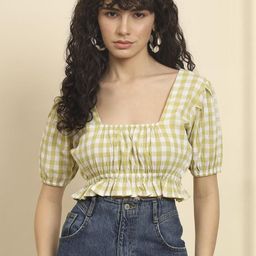 CORSICA Checked Puff Sleeve Peplum Crop Top-10