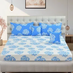 BLUEDOT Blue & White Floral Polycotton 5 Piece Double Queen Superfine Bedding Set-image-24