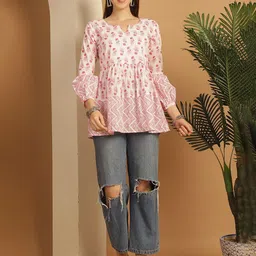 Merira Women Floral Jaipuri Printed Gathered or Pleated Round Neck Cotton Empire Top-picture-20