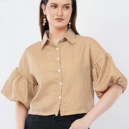 Deshi Girl Women Striped Puff Sleeve Shirt Style Crop Top-picture-29