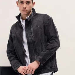 THE BEAR HOUSE Men Stand Collar Solid Casual Denim Jacket-picture-14