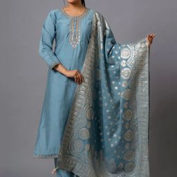 Lilots Women Ethnic Motifs Embroidered Regular Sequinned Chanderi Silk Kurta with Trousers & With Dupatta-picture-13
