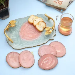 Resin Serving Tray with 6 Coasters Set for Home & Kitchen Decor Aqua-Pink Tray-image-61