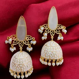 TISHUL JEWELS Gold-Plated Artificial Stones Studded And Beaded Dome Shaped Jhumkas-picture-26