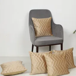 MFD HOME FURNISHING Beige Set of 5 Striped Velvet Square Cushion Covers-image-62