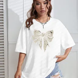 AAHWAN Women Bow Print Printed Round Neck Relaxed Fit T-shirt-image-75