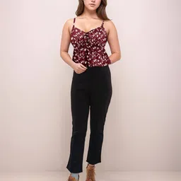 Zink London Maroon Floral Printed Shoulder Straps Peplum Tops-image-92