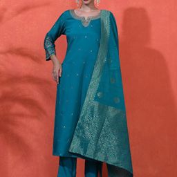 Sangria Women Sequinned Embroidered Straight Kurta With Trousers & Dupatta-49