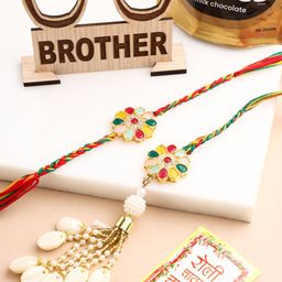 NVR Set of 2 Artificial Beads & Sea Shell Floral Design Bhaiya Bhabhi Rakhi Combo-image-90