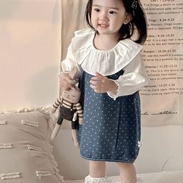 LULU & SKY Polka Dot Print Puff Sleeve Ruffled Denim Midi Dress-picture-55