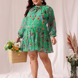 CURVY STREET Plus Size Floral Printed Puff Sleeve A-Line Dress-image-20